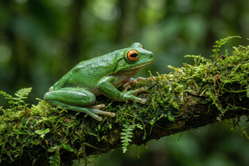 Close-up of a Vibrant Red-Eyed Tree Frog Perched on a Mossy Branch in the Tropical Rainforest