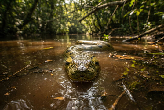 Close-up of a Large Green Anaconda Swimming Through Murky Amazon River Waters in the Deep Jungle