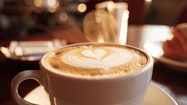 Hot cup of coffee in romantic cafe atmosphere, cozy coffee shop with soft lights, love themed morning coffee, valentine&rsquo;s day date vibe, coffee break in warm festive mood
