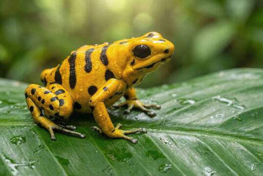 Close-up of a Vibrant Yellow Poison Dart Frog with Black Spots Sitting on a Wet Leaf in the Amazon Jungle