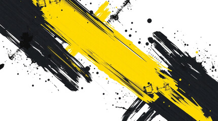 Dynamic abstract background with bold yellow and black diagonal brush strokes and paint splatters on a white canvas.