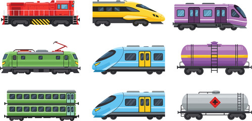 Train types illustration set, locomotive passenger freight tanker high speed railway transport vector icons collection © MDBELAL
