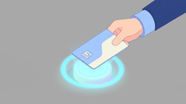 Illustrative depiction of contactless payment with a credit card over a payment terminal, cartoon style, digital transaction concept