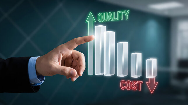 Business hand touching bar chart showing increasing quality and decreasing cost for business growth and improvement concept