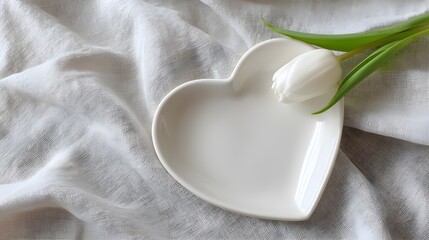 Simple heart shaped dish with single white tulip