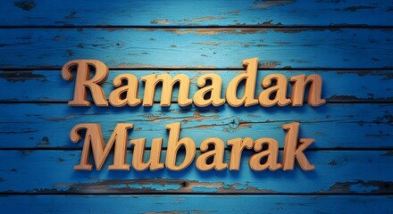 Ramadan mubarak wooden sign on blue background with rustic texture