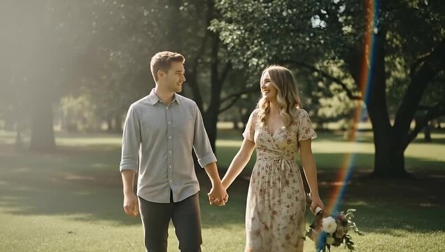 Romantic Couple Holding Hands Walking in Park with Rainbow Lens Flare