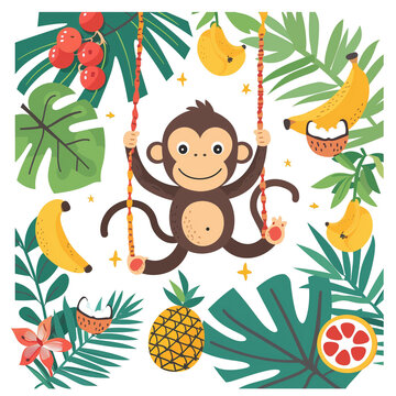 Flat illustration of a cute cartoon monkey with tropical fruits and leaves