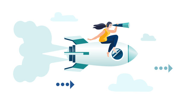 Businesswoman with binoculars sitting on a rocket, flying in the direction of a new business concept. Leader, forward arrows, finance, budget for investment growth, people, poster. Vector illustration