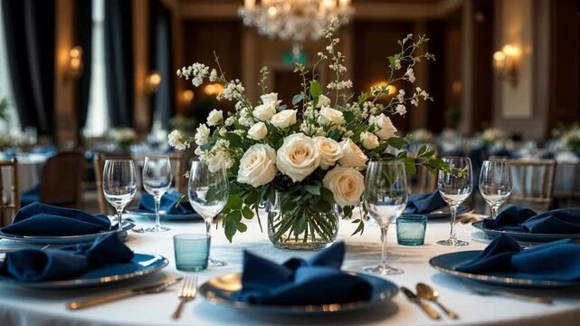Exquisite table setting with white roses centerpiece, blue napkins, and glassware for a gala dinner