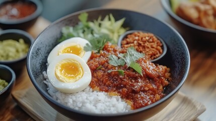 Bowl of rice with sauce, eggs, and vegetables