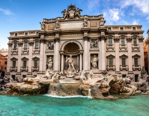Naklejka premium Ornate stone fountain cascades turquoise water into a pool, backdrop of classical architecture under a blue sky