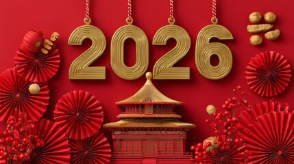 2026 Chinese New Year greeting against a vibrant red background. A traditional Chinese pagoda background