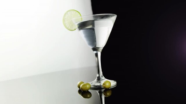 Animation of purple shapes over drink with olives and lime on black and white background