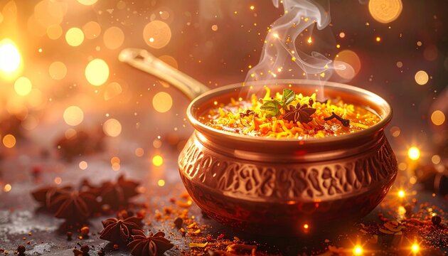 Enchanted copper handi with biryani surface rippling like liquid starlight, tiny glowing cloves and cinnamon sticks drifting 
