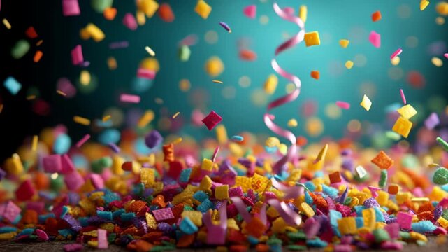 Colorful confetti pieces and ribbons are suspended mid-air against a teal backdrop, creating a dynamic feeling of celebration and festivity. perfect for party-related designs, event invitations, or de