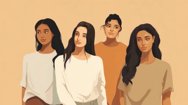 Illustration of four women in casual attire, posed together against a beige backdrop. Front-facing angle, ideal for a video thumbnail on diversity.
