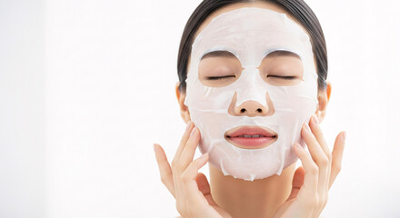Asian woman with eyes closed, wearing a white sheet mask and touching her face gently, emphasizing relaxation and skincare routine.