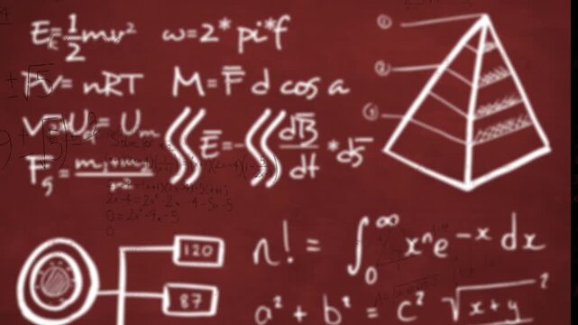 Animation of mathematical equations floating over geometric shapes against red background