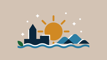 Geometric Flat Design Cityscape Landscape with Mountains, Water, and Bright Sun