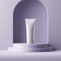 Minimal cosmetic tube displayed on a curved pastel podium with soft studio lighting.