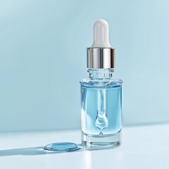 Luxury skincare serum in a glass dropper bottle with blue liquid on a minimal pastel background.