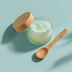 Natural body scrub jar with wooden spoon on a soft pastel green background.
