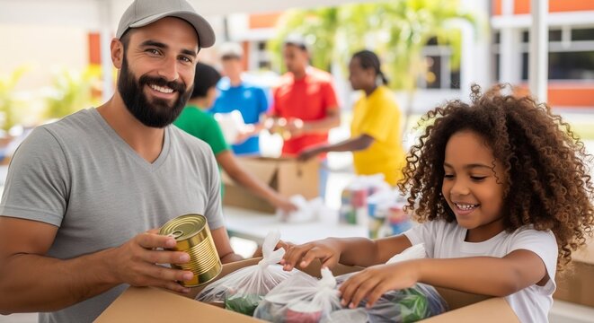 Smiling volunteer and young girl sort food donations into a cardboard box
