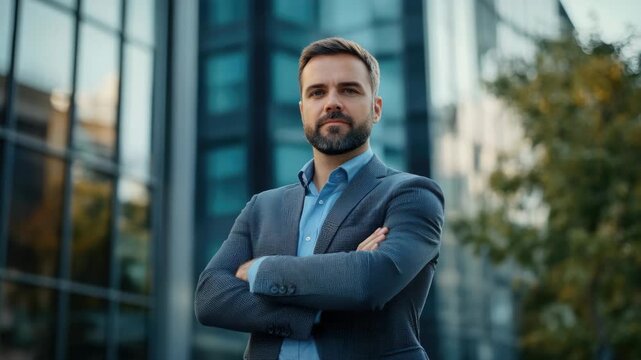 Successful businessman in suit standing with hands on hips outdoors