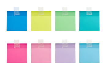 Six colorful square adhesive stickers isolated on a transparent background