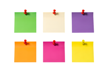 Six colorful square sticky notes with push pins isolated on a transparent background
