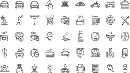 Automotive icons collection featuring cars, tools, parts, services, diagnostics, safety symbols, maintenance elements, and vehicle-related illustrations
