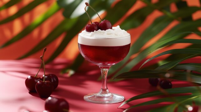 Cherry cocktail in elegant glass with whipped cream and cherries  