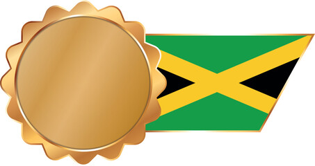 A shiny gold award seal featuring a circular metallic center with a flag of Jamaica on ribbon with gold outline