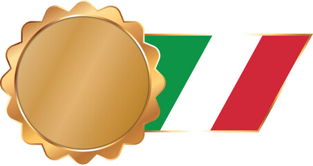 A shiny gold award seal featuring a circular metallic center with a flag of Italy on ribbon with gold outline