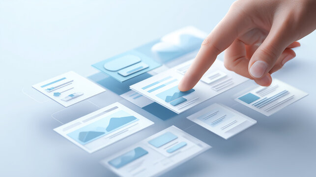 a high-quality SaaS business asset featuring a close-up of a human hand interacting with a clean, 3D digital user interface to select various web design layout modules on a soft blue background.