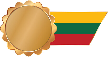 A shiny gold award seal featuring a circular metallic center with a flag of Lithuania on ribbon with gold outline