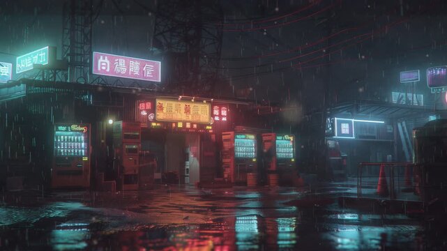 Neon rain market video LoFi animation. Vending machines. Rainy alley reflections. Urban Asia. Midnight scene. Animated Lo-Fi aesthetic 4K motion graphics with floating dust particles