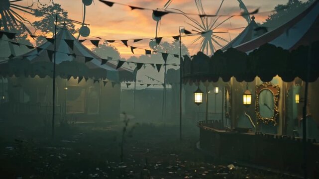 Cinematic anime horror carnival, abandoned rides, tattered tents, flickering lanterns, cracked mirrors, ghostly silhouettes, dusk sky orange violet wind blowing broken flags, eerie shadows, anime 4K