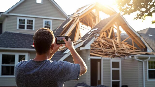 Man takes photos of damaged house after storm in neighborhood
