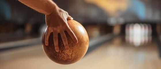 Bowling Adventure: Close-Up of Hand Holding Bowling Ball in Alley