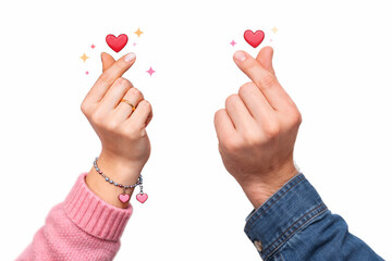 Male and female hands showing mini finger heart symbols on white background. Valentines Day or love social media concept.