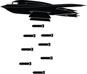 Fototapeta premium Silhouette of an airborne B2 spirit bomber aircraft dropping nuclear weapons bombs. Military aircraft dropping nuclear bombs vector illustration. 