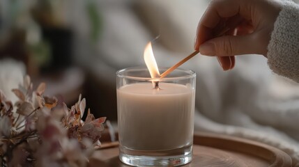 Hand Lighting Candle Flame in Cozy Indoor Setting with Flowers