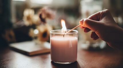 Hand Lighting Candle with Matchstick in Soft Ambient Setting