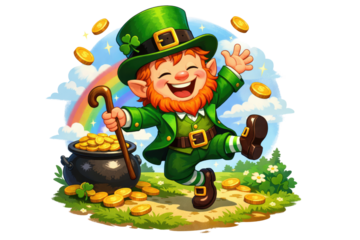 Leprechaun with red beard wearing green hat and coat dances near pot of gold with rainbow and coins above alpha channel with white background