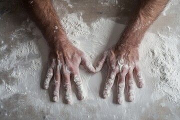 Fototapeta premium Hands covered in flour on rustic surface highlighting baking preparation themes
