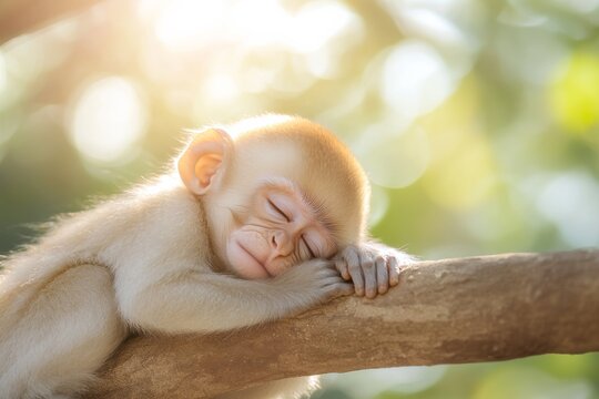 Tender moment: baby monkey cuddling on tree branch in serene natural habitat