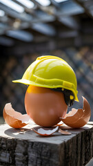 Yellow Hard Hat Sitting on Cracked Egg With Eggshell Fragments on Wooden Surface