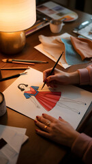 Artist Sketching Fashion Illustration of Red Dress on Wooden Desk With Warm Lamp